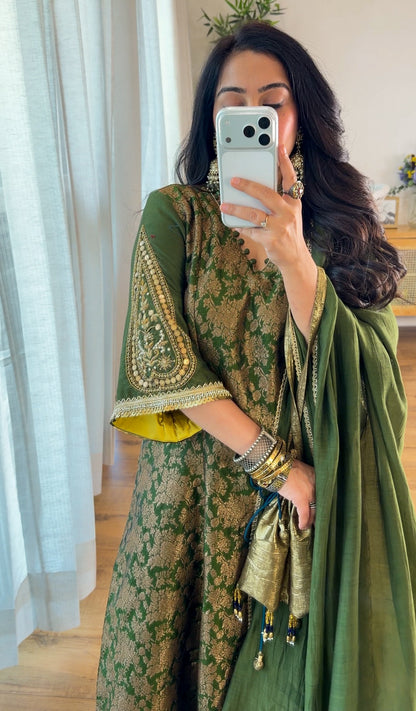 Olive Green Banarasi silk set