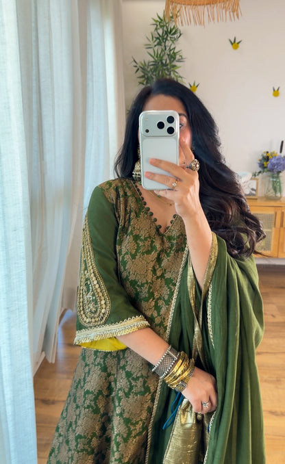 Olive Green Banarasi silk set