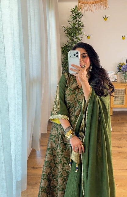 Olive Green Banarasi silk set