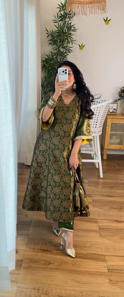Olive Green Banarasi silk set