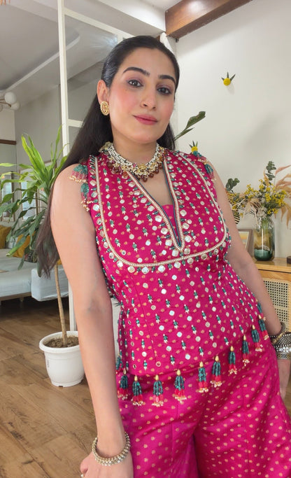Fuchsia Pink Mirror Work Sharara Set