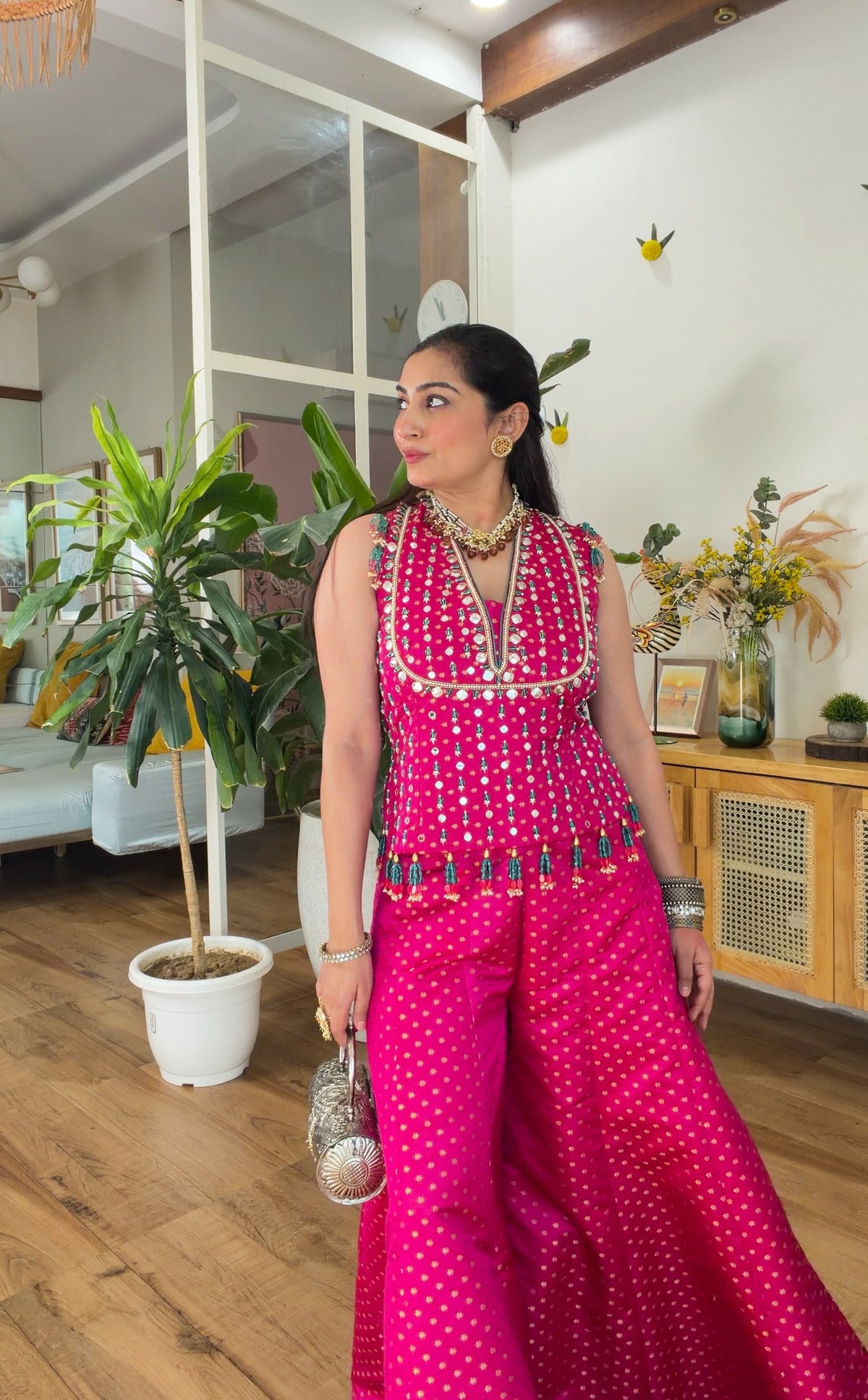 Fuchsia Pink Mirror Work Sharara Set