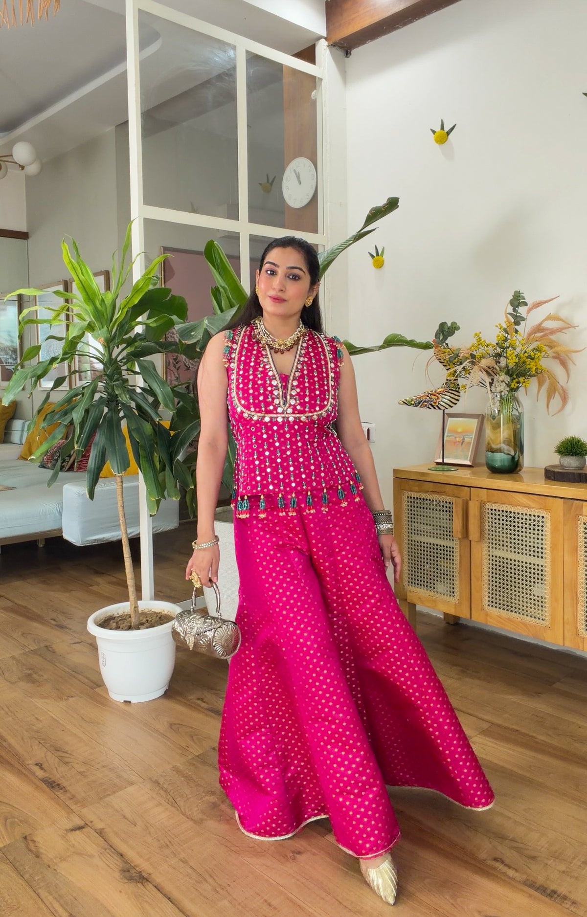 Fuchsia Pink Mirror Work Sharara Set