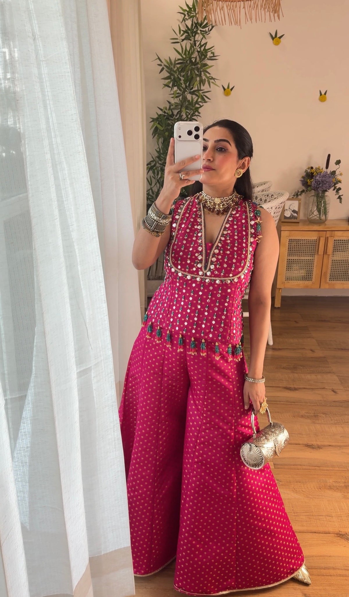 Fuchsia Pink Mirror Work Sharara Set