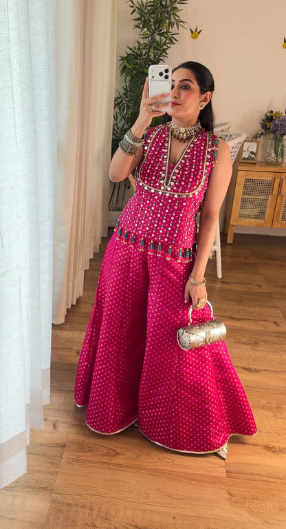 Fuchsia Pink Mirror Work Sharara Set
