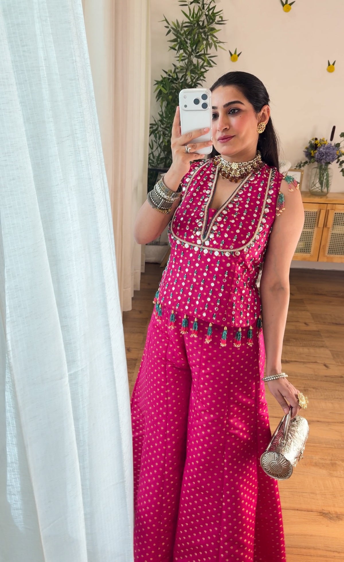 Fuchsia Pink Mirror Work Sharara Set