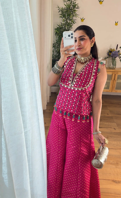 Fuchsia Pink Mirror Work Sharara Set