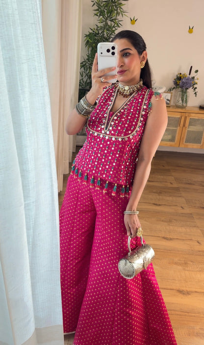 Fuchsia Pink Mirror Work Sharara Set
