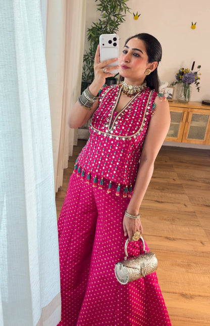 Fuchsia Pink Mirror Work Sharara Set