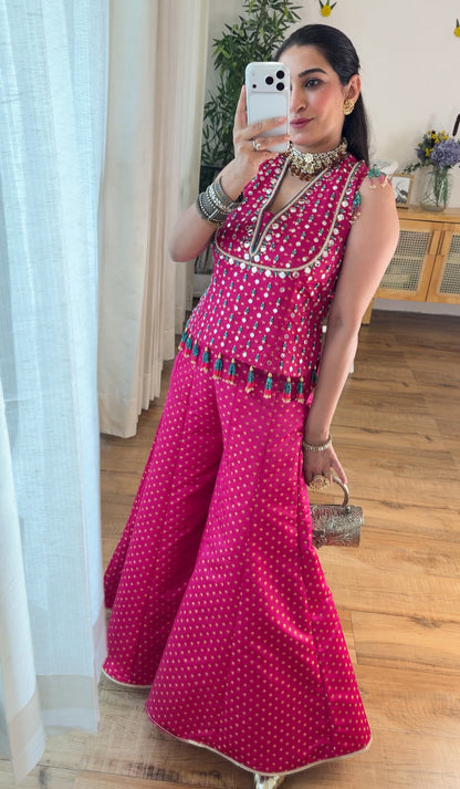 Fuchsia Pink Mirror Work Sharara Set