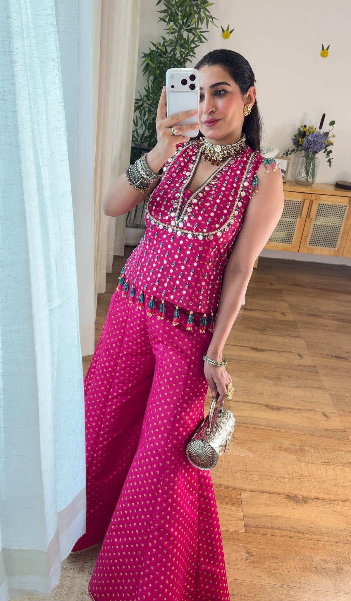 Fuchsia Pink Mirror Work Sharara Set