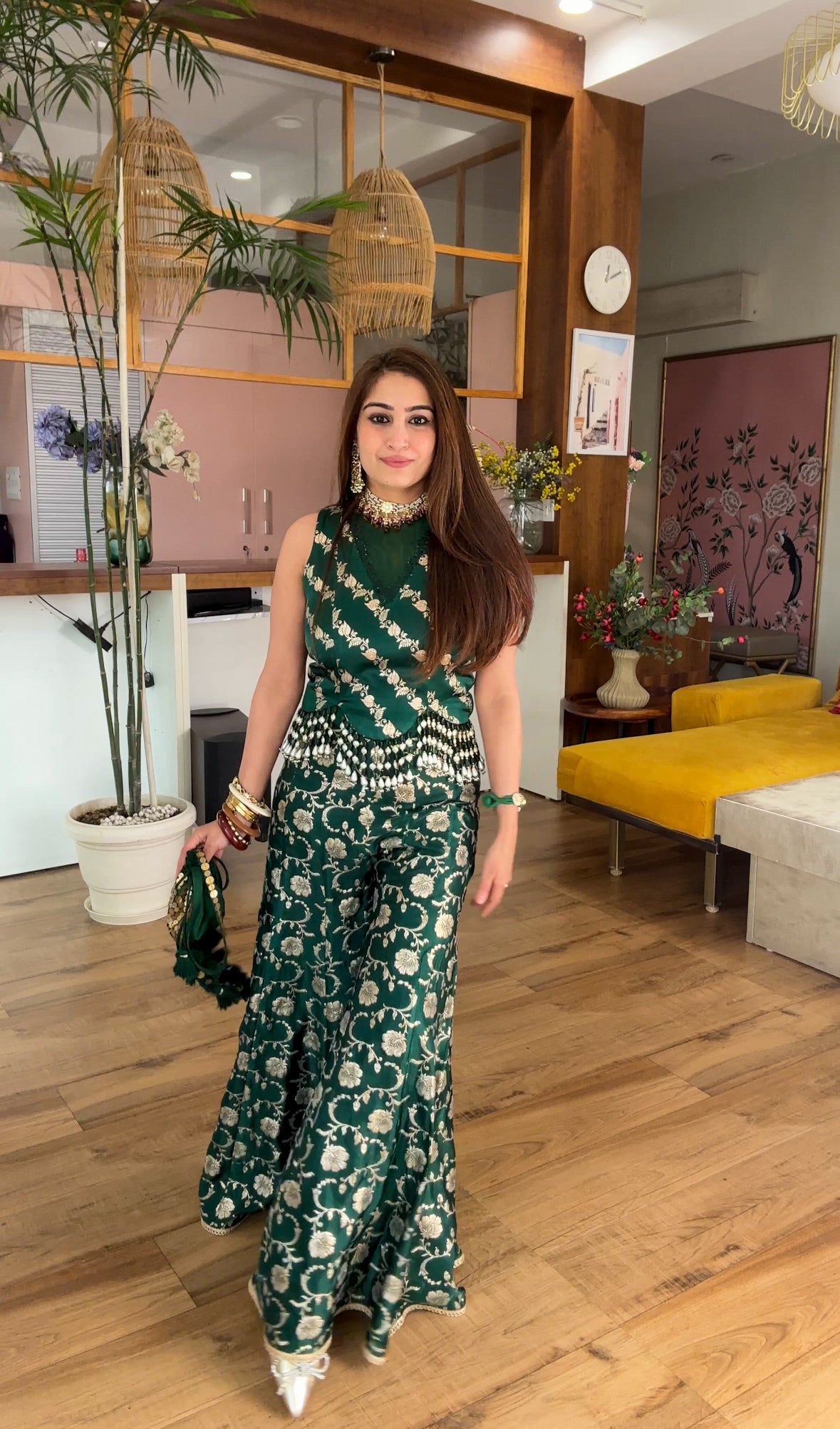 Emerald banarasi sharara set with potli