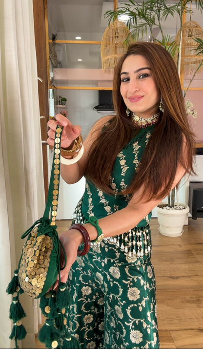 Emerald banarasi sharara set with potli