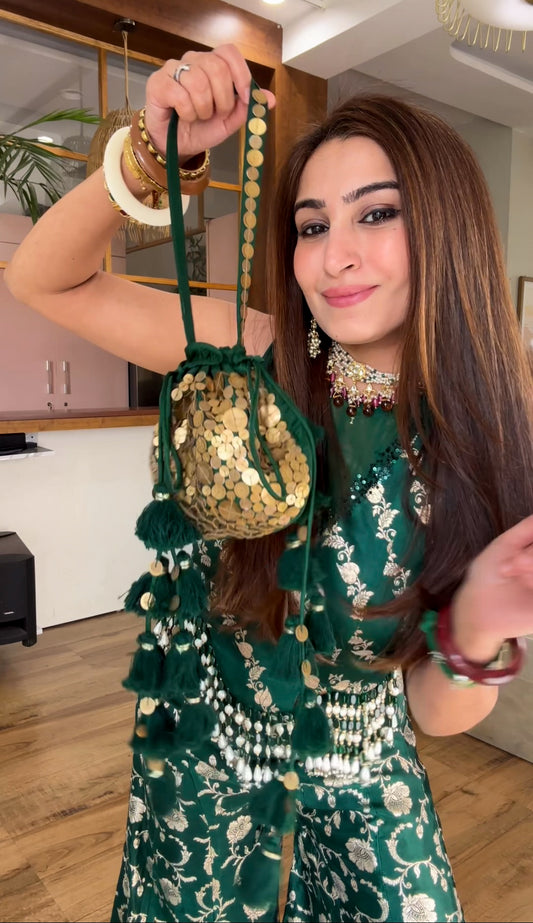 Emerald banarasi sharara set with potli