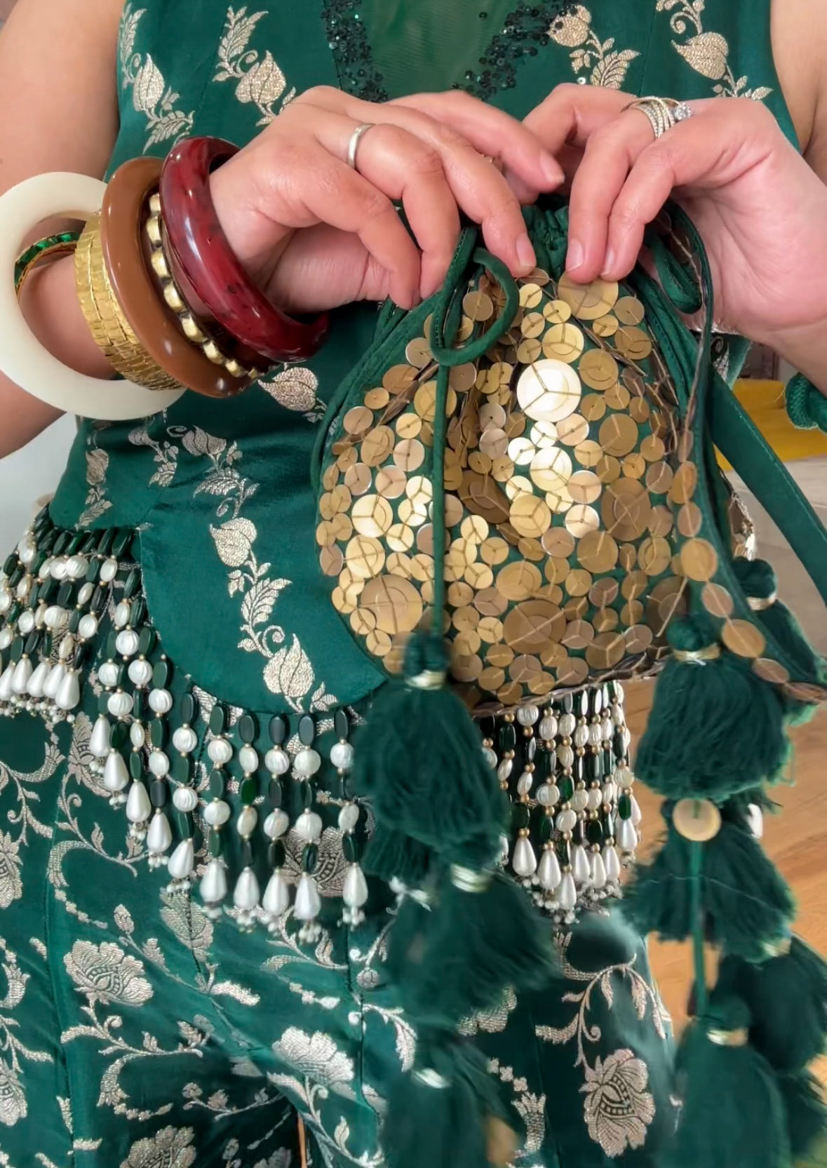 Emerald banarasi sharara set with potli