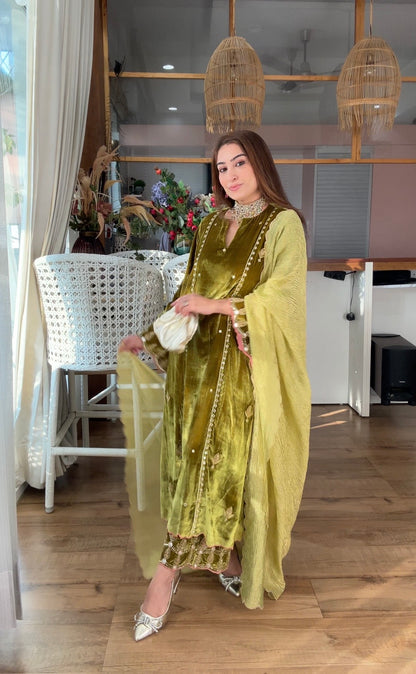 OLIVE SILK VELVET SET