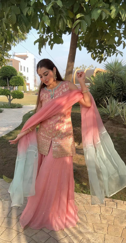Blush Pink sharara set with ombre dupatta