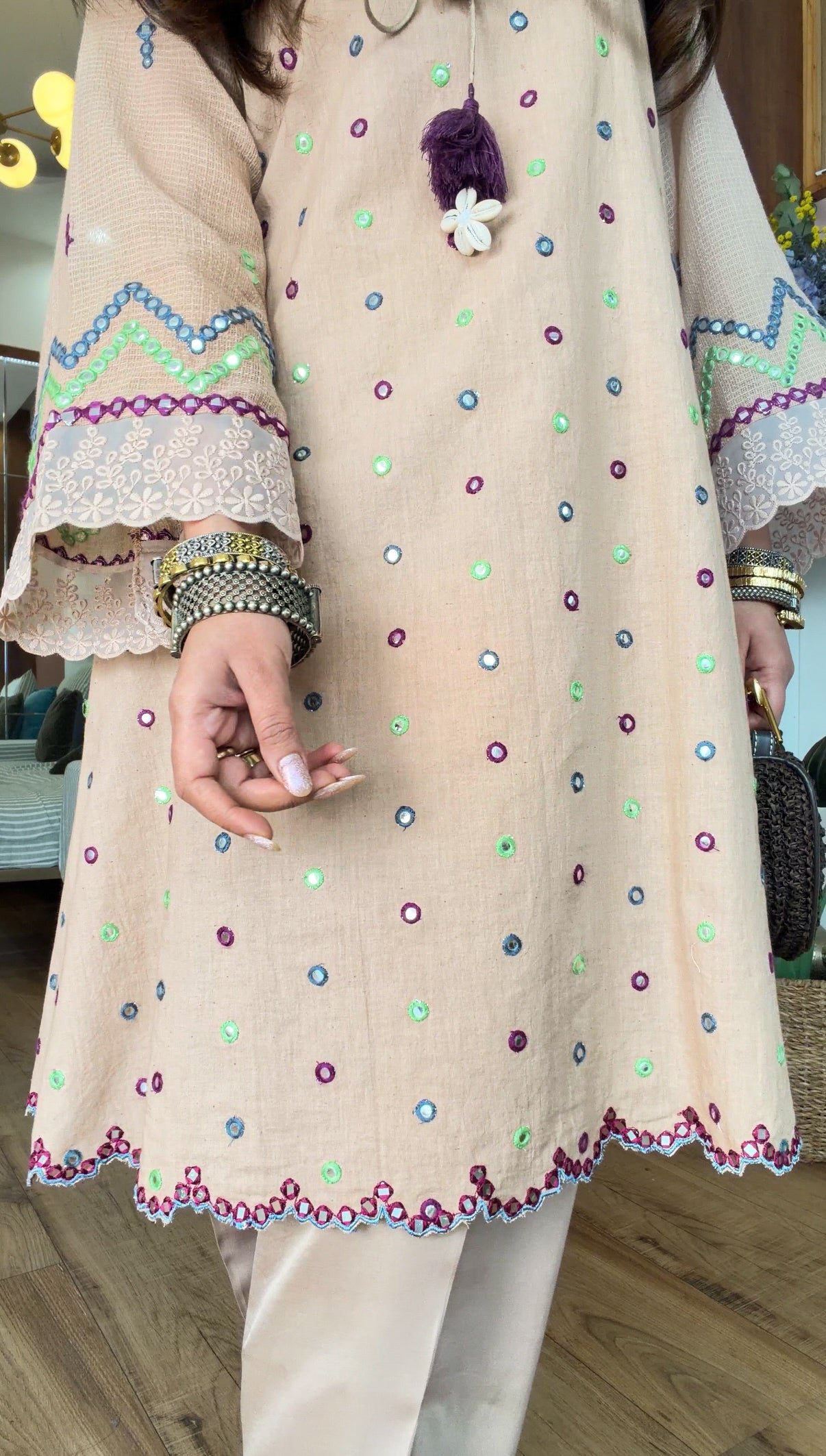 BEIGE MIRROR EMBROIDERED SET