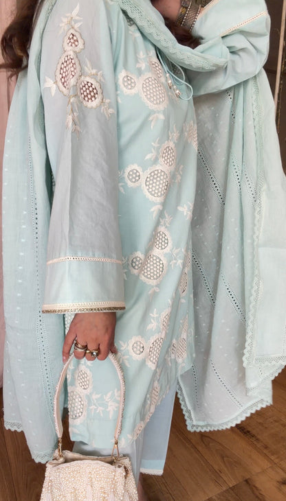 POWDER BLUE CUTWORK SET