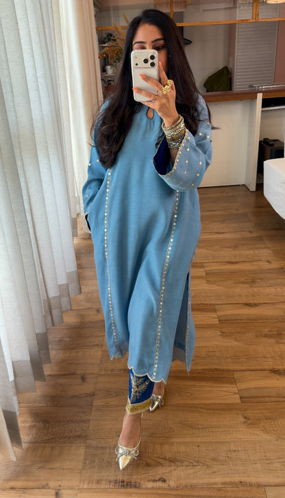 Powder Blue Zari Sequin Kurta Set