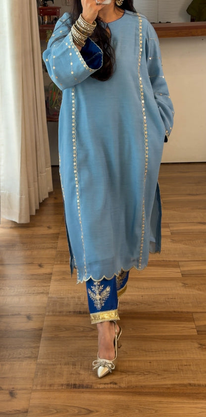 Powder Blue Zari Sequin Kurta Set