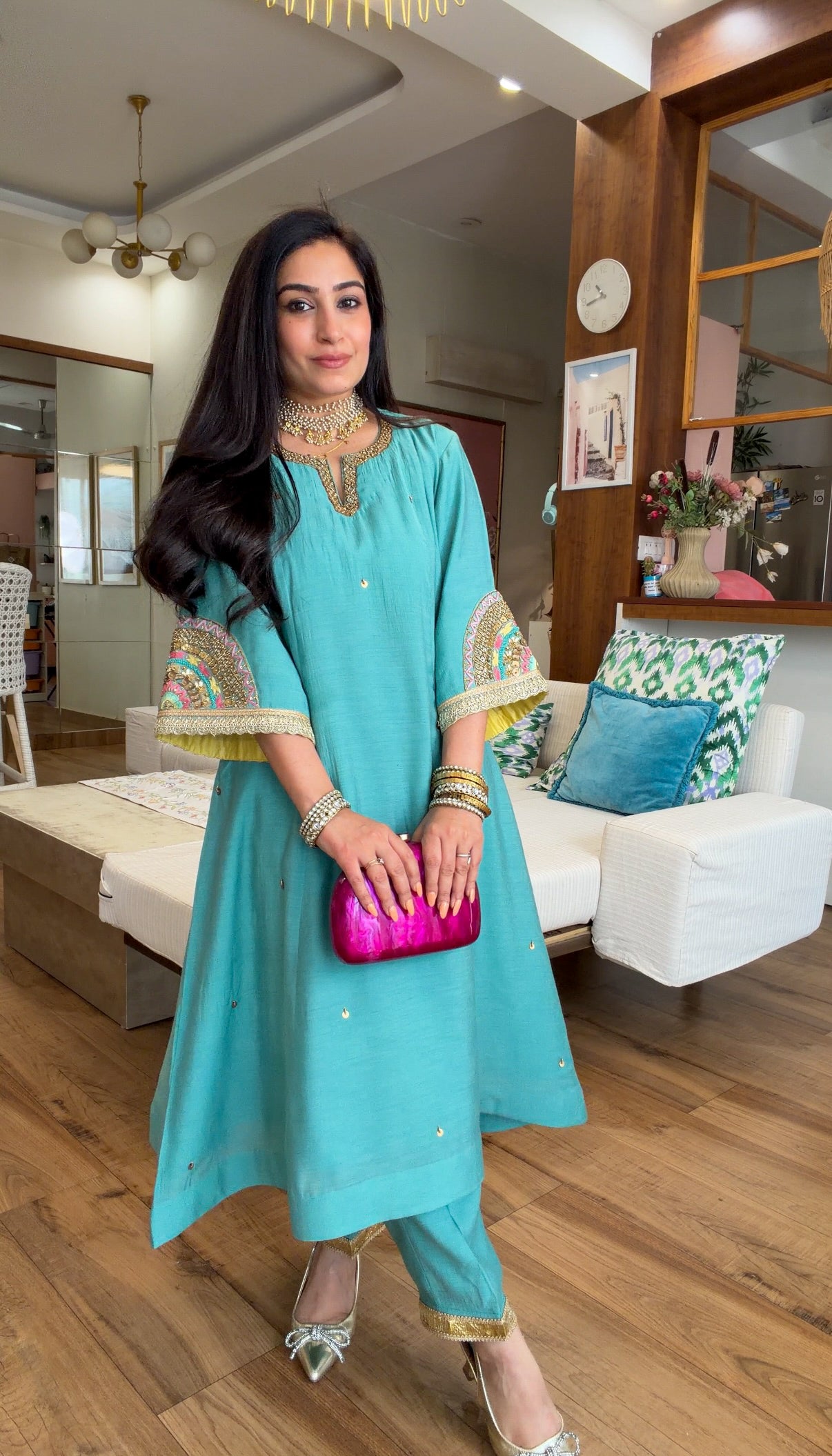 Teal Hand-Embroidered Suit Set