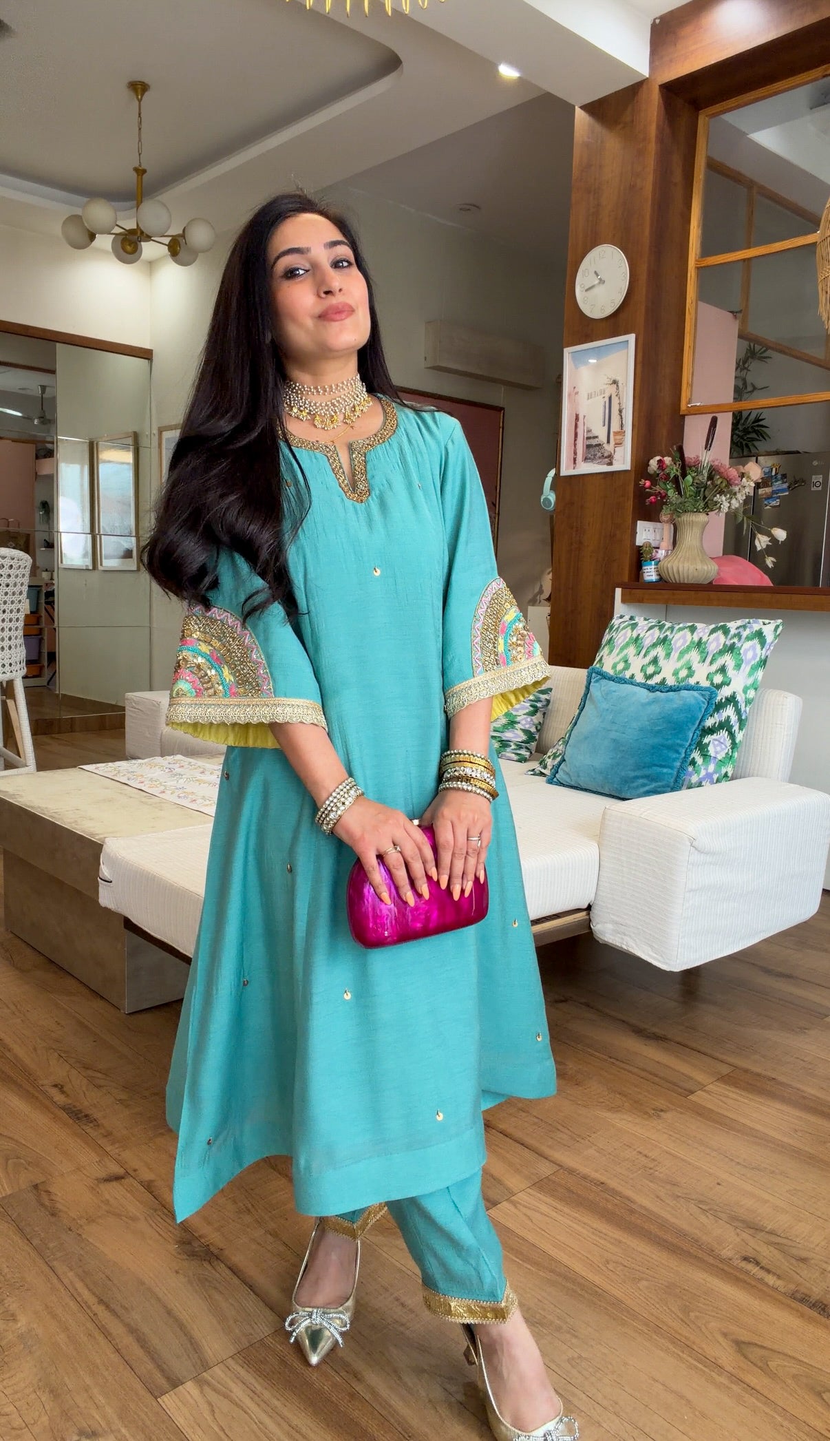 Teal Hand-Embroidered Suit Set