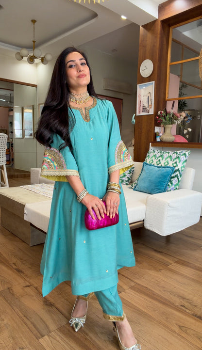 Teal Hand-Embroidered Suit Set