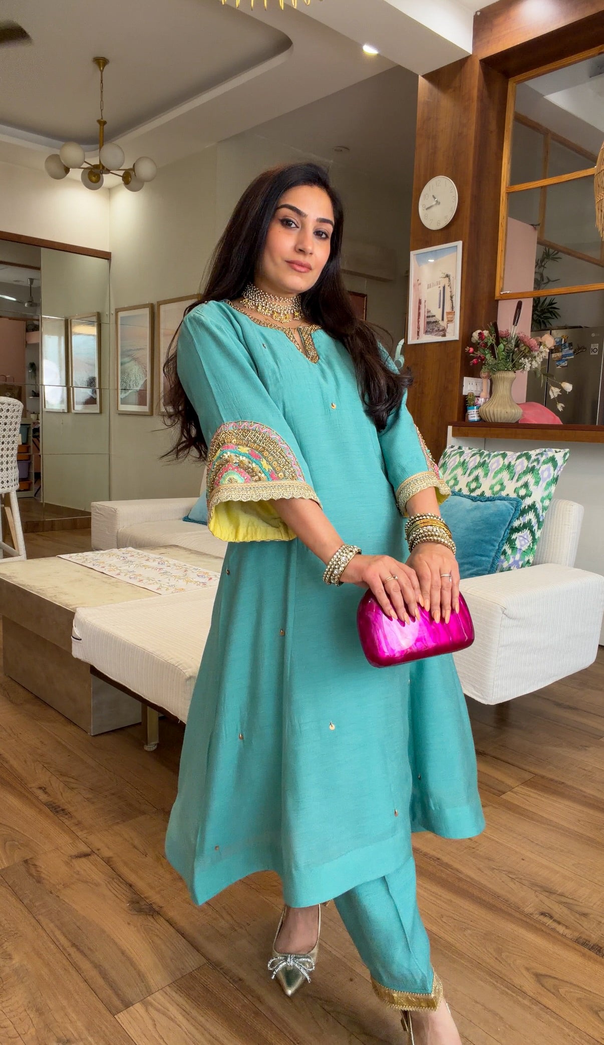 Teal Hand-Embroidered Suit Set