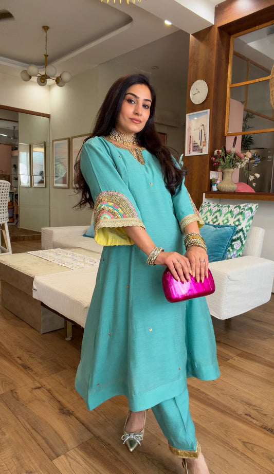 Teal Hand-Embroidered Suit Set