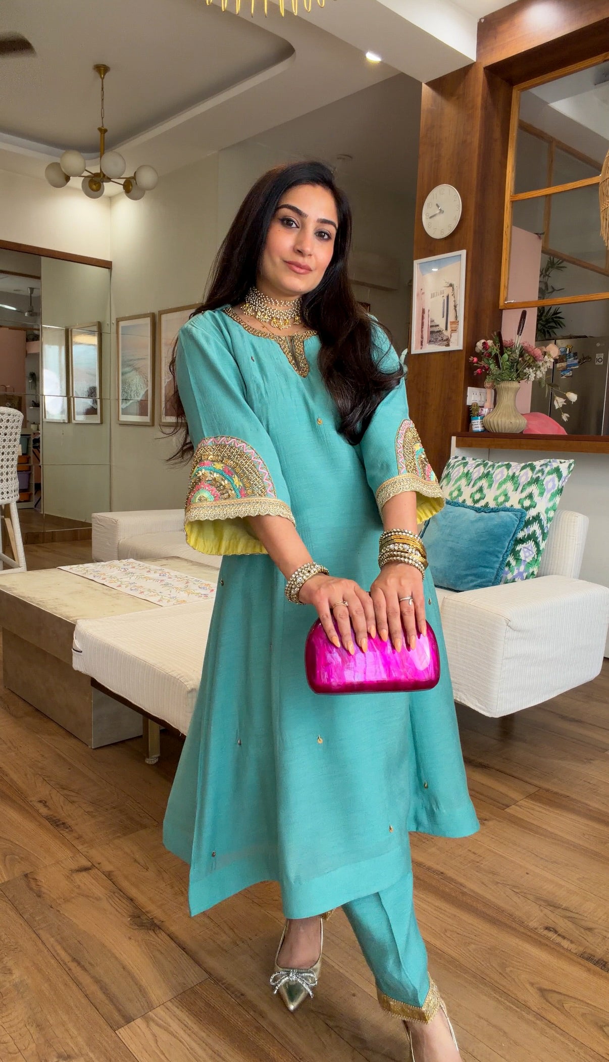 Teal Hand-Embroidered Suit Set