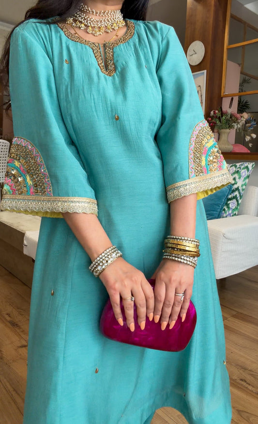 Teal Hand-Embroidered Suit Set