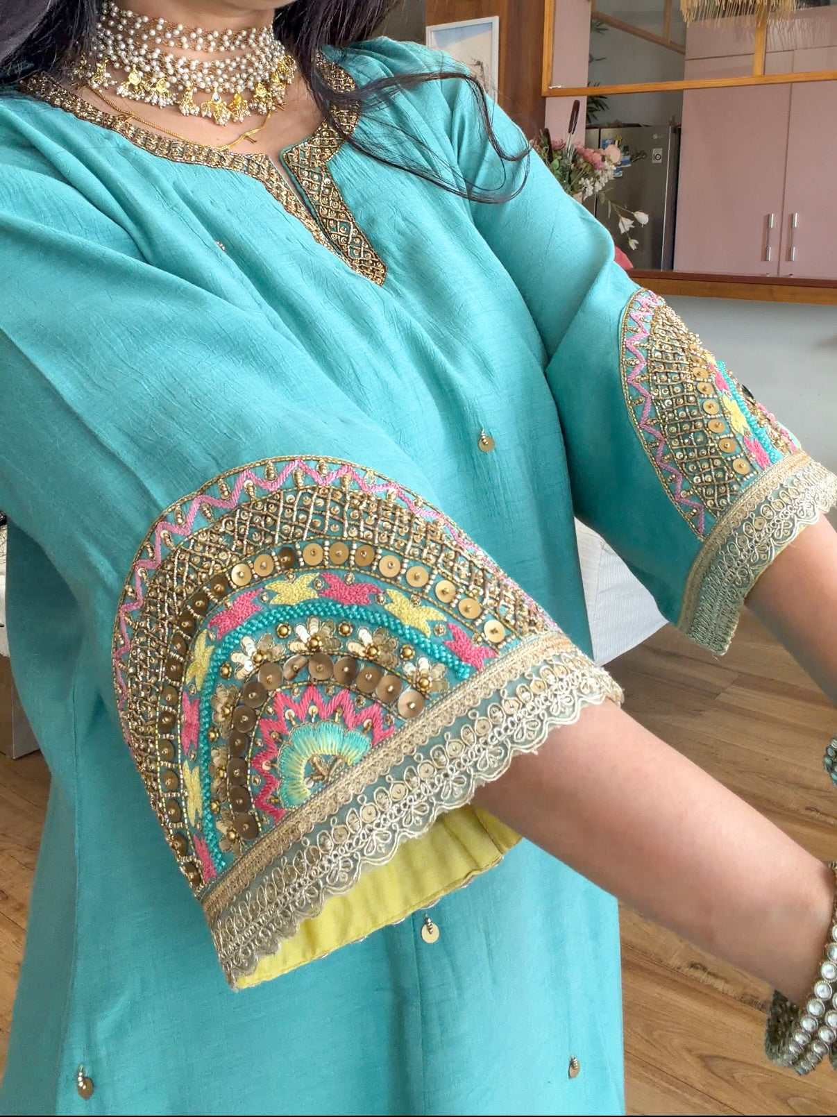 Teal Hand-Embroidered Suit Set