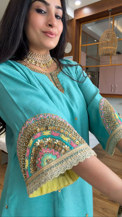 Teal Hand-Embroidered Suit Set