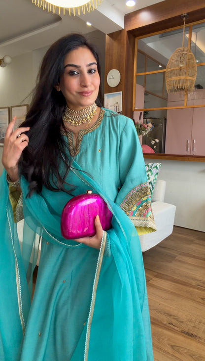 Teal Hand-Embroidered Suit Set