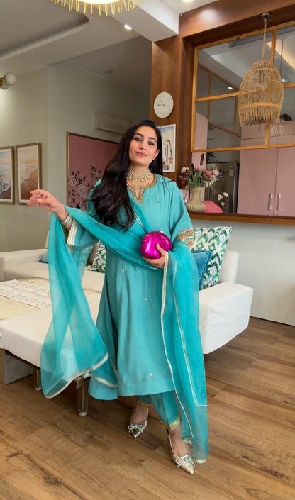 Teal Hand-Embroidered Suit Set