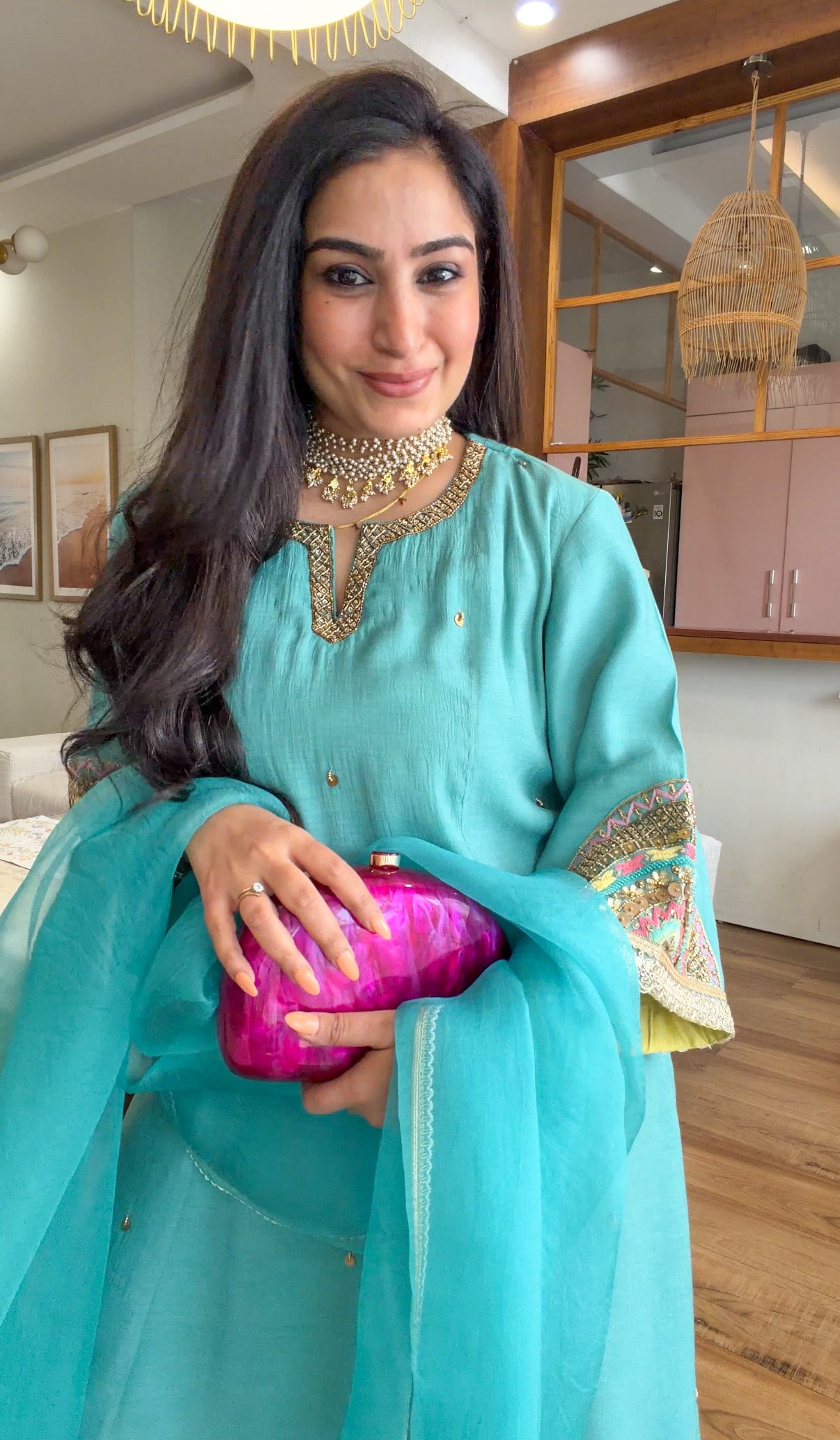 Teal Hand-Embroidered Suit Set