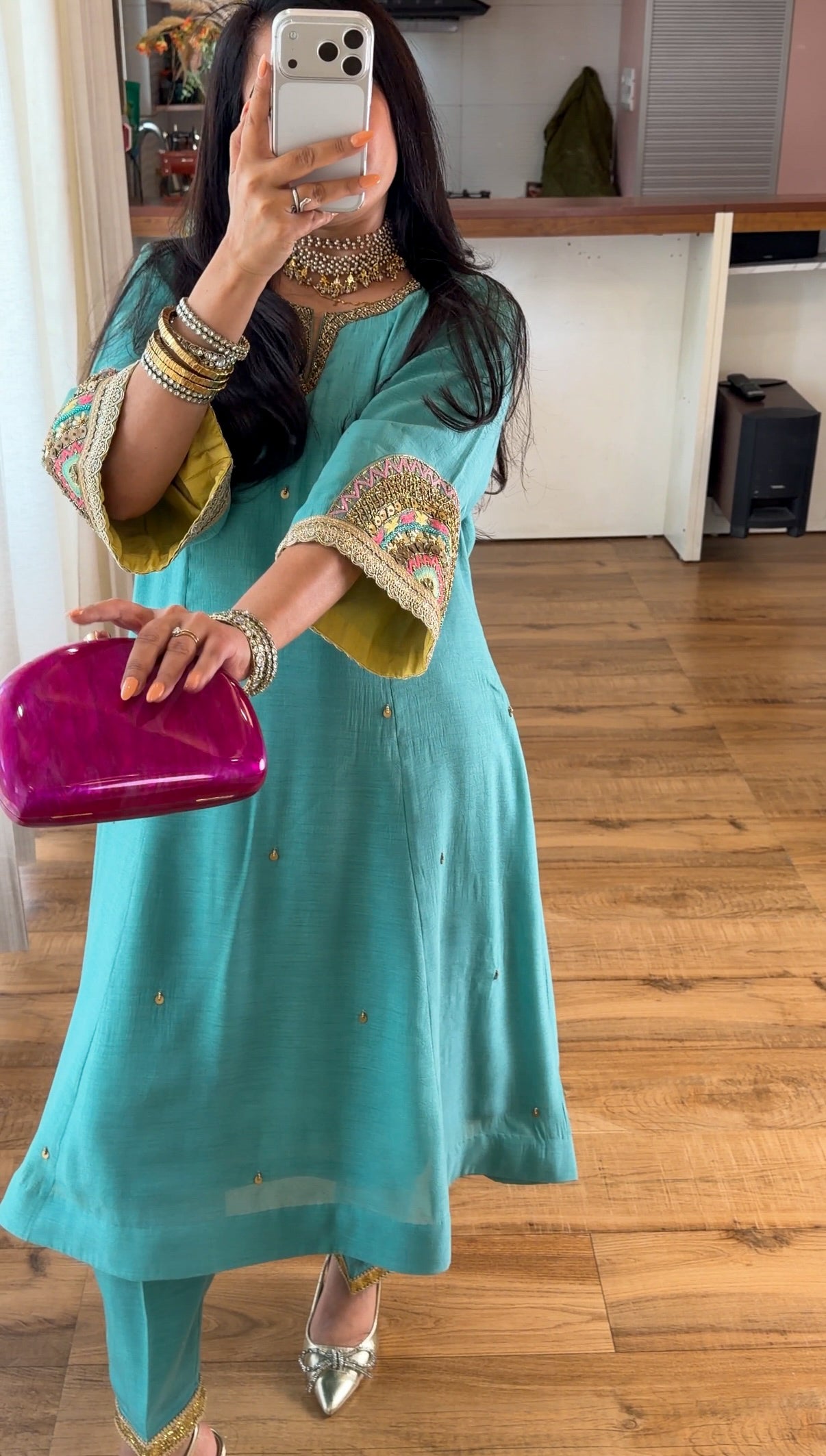 Teal Hand-Embroidered Suit Set
