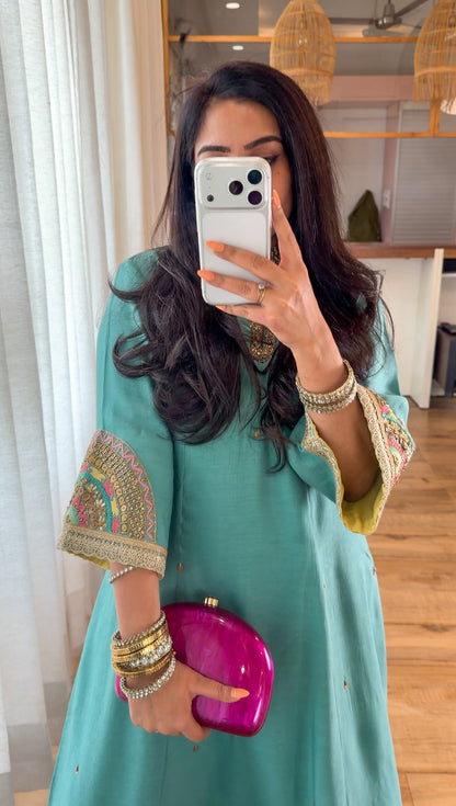 Teal Hand-Embroidered Suit Set