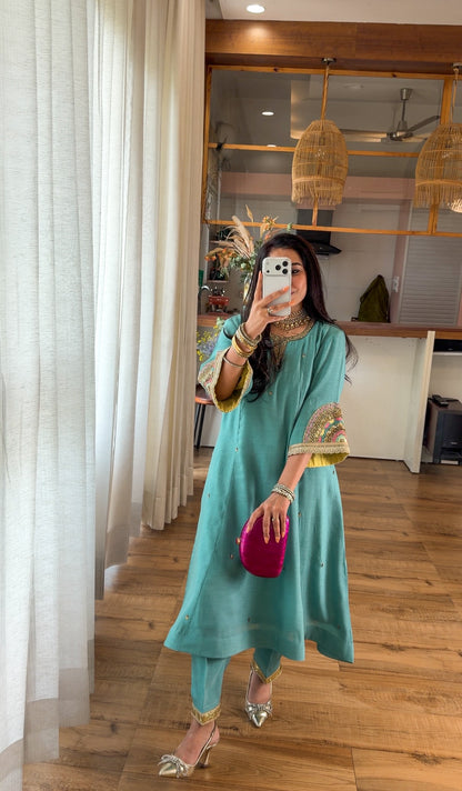 Teal Hand-Embroidered Suit Set