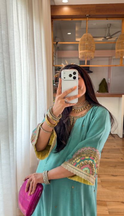 Teal Hand-Embroidered Suit Set