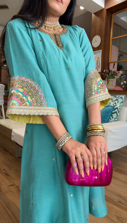 Teal Hand-Embroidered Suit Set