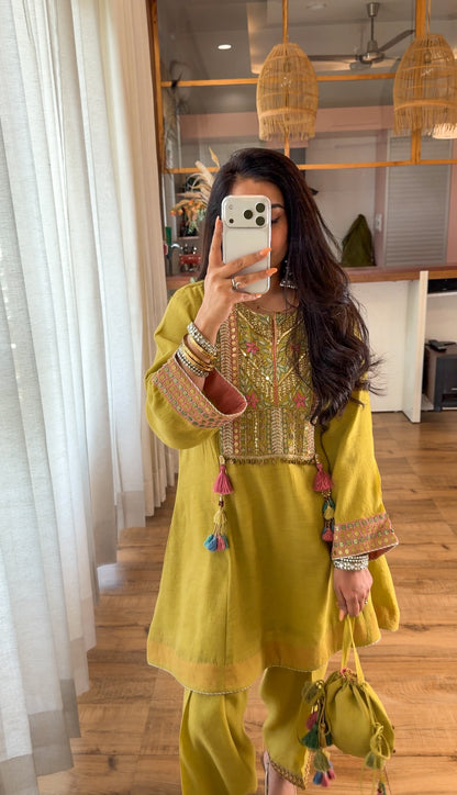 Lime Haze — Hand Embroidered Kurta Set