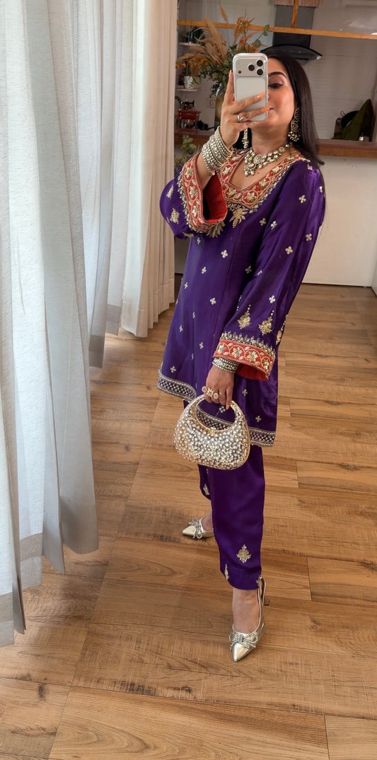 PURPLE HAND EMBROIDERED KURTA SET