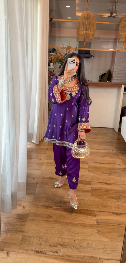 PURPLE HAND EMBROIDERED KURTA SET