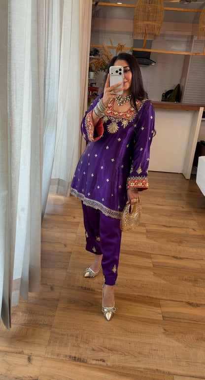 PURPLE HAND EMBROIDERED KURTA SET