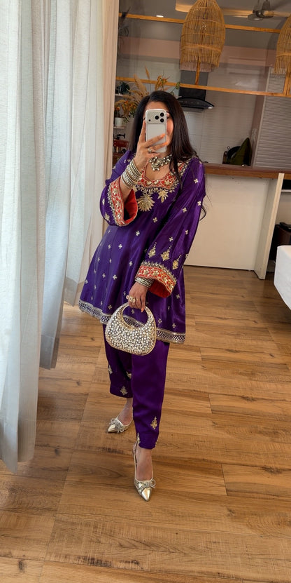 PURPLE HAND EMBROIDERED KURTA SET