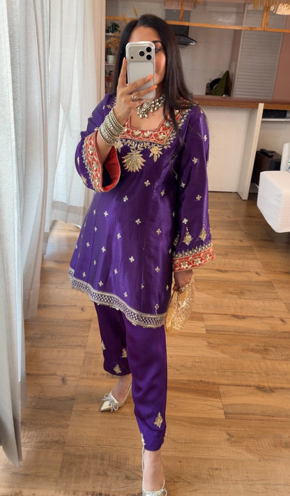PURPLE HAND EMBROIDERED KURTA SET