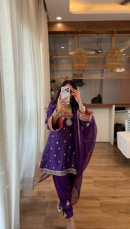 PURPLE HAND EMBROIDERED KURTA SET