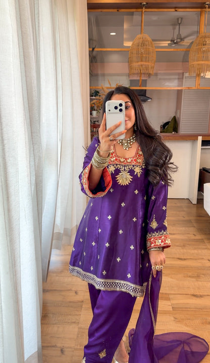PURPLE HAND EMBROIDERED KURTA SET